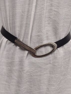 Chico's Black Belt with Textured Silver Oval Link Buckle